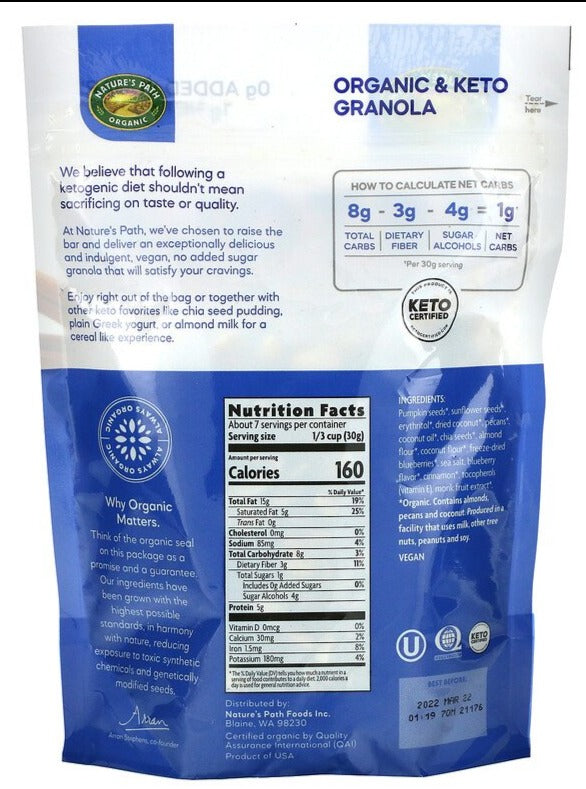 Nature's Path, Organic, KETO, Ketola Crunch, Blueberry & Cinnamon Granola 227 g - Mom it KeTo Go