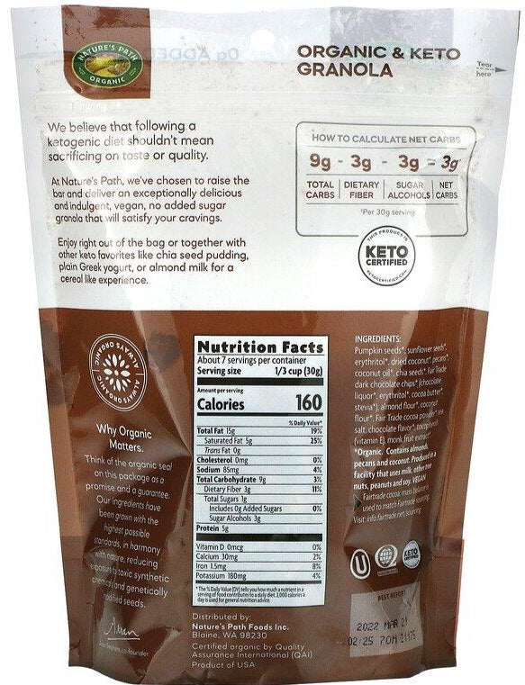 Nature's Path, Organic Ketola Crunch, Dark Chocolate Chip & Nut Granola, 227 g - Mom it KeTo Go
