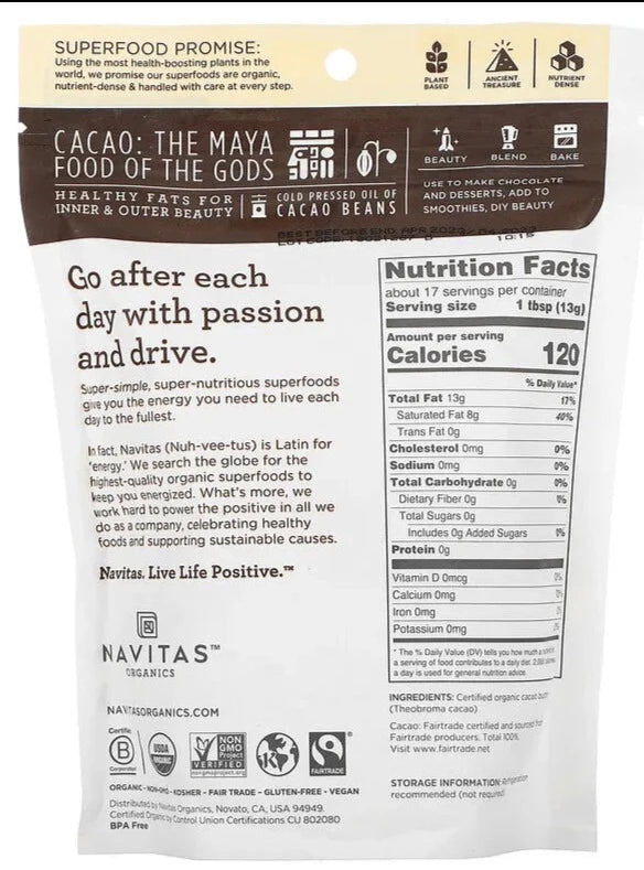 Navitas Organics, Organic Cacao Butter, 227 g - Mom it KeTo Go