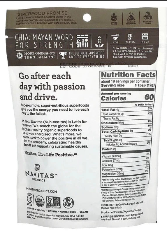 Navitas Organics, Organic Chia Seeds, 227g - Mom it KeTo Go