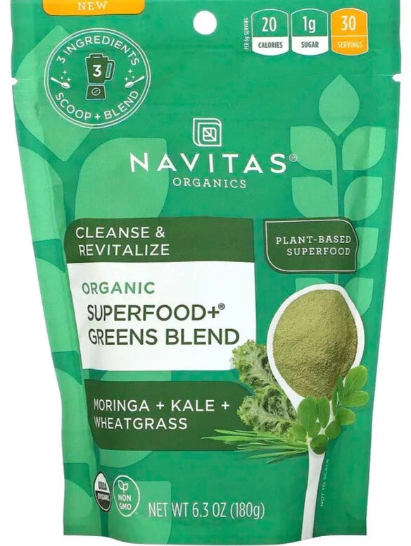 Navitas Organics, Organic Superfood+ Greens Blend, Moringa + Kale + Wheatgrass, 180 g - Mom it KeTo Go