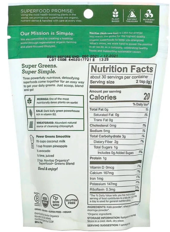 Navitas Organics, Organic Superfood+ Greens Blend, Moringa + Kale + Wheatgrass, 180 g - Mom it KeTo Go