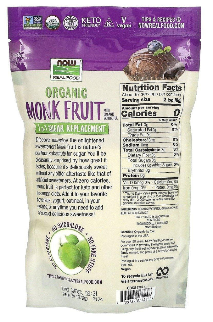 Now Foods, Real Food, Organic Monk Fruit, 1-to-1 Sugar Replacement , 454 g - Mom it KeTo Go