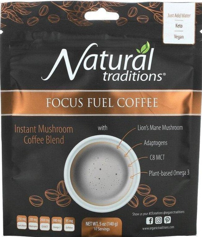 Organic Traditions, Focus Fuel Keto Coffee with Lion's Mane Mushroom & MCT Oil, 140 g - Mom it KeTo Go