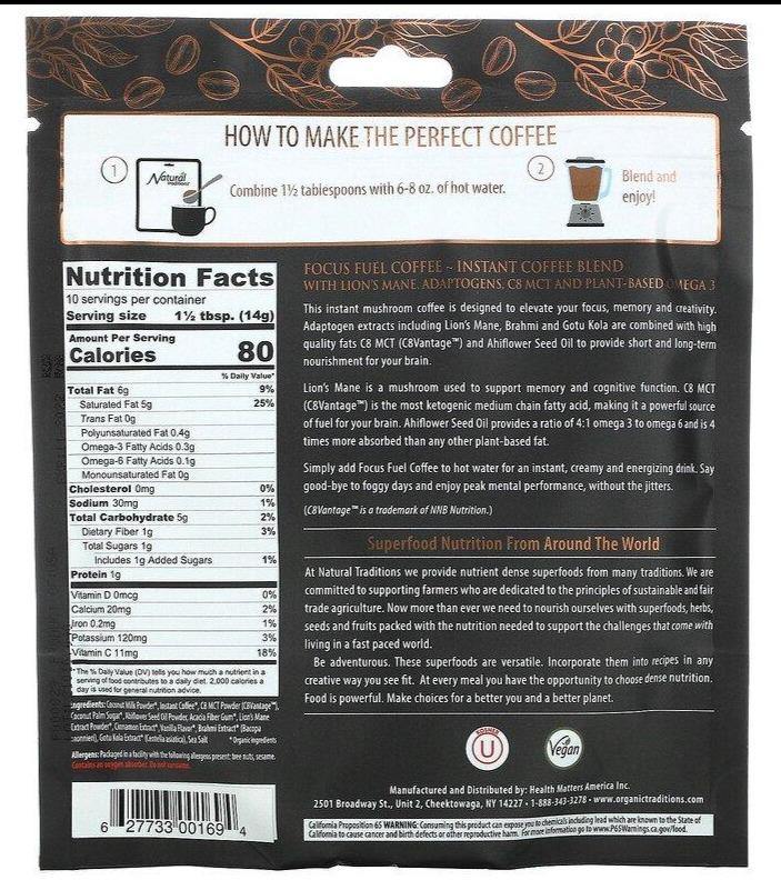 Organic Traditions, Focus Fuel Keto Coffee with Lion's Mane Mushroom & MCT Oil, 140 g - Mom it KeTo Go