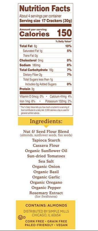 Simple Mills, Naturally Gluten-Free, Almond Flour Crackers, Sun-Dried Tomato & Basil, 120 g - Mom it KeTo Go