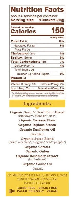 Simple Mills, Organic Seed Flour Crackers, Garlic & Herbs, 120 g - Mom it KeTo Go