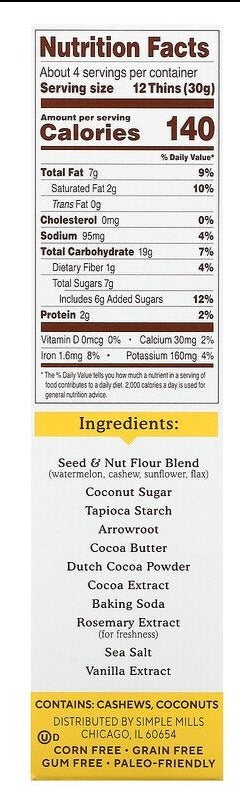 Simple Mills, Seed & Nut Flour Sweet Thins, Chocolate Brownie, 120 g - Mom it KeTo Go