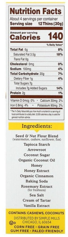 Simple Mills, Seed & Nut Flour Sweet Thins, Honey Cinnamon, 120 g - Mom it KeTo Go