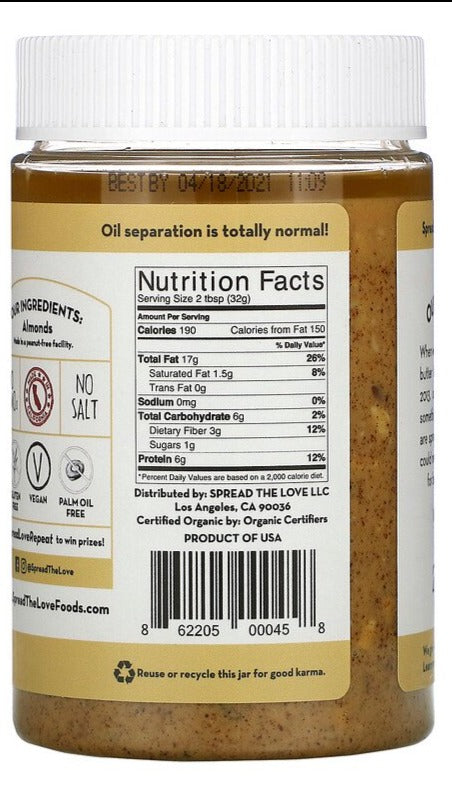 Spread The Love, Almond Butter, Unsalted Crunch, 454 g - Mom it KeTo Go