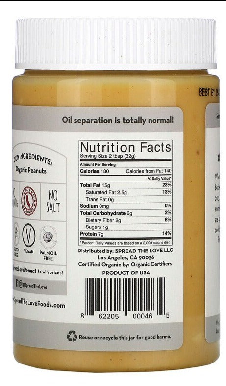Spread The Love, Organic Peanut Butter, Crunchy, 454 g - Mom it KeTo Go