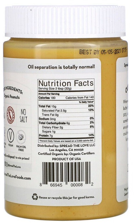 Spread The Love, Organic Peanut Butter, Creamy, 454 g - Mom it KeTo Go
