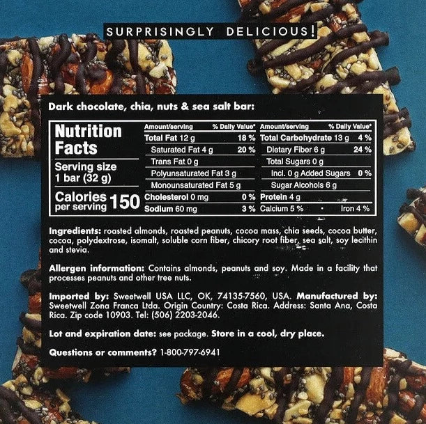 Sweetwell, Keto, Gluten Free, Sugar Free, Dark Chocolate, Chia, Nuts, Sea Salt Bar, 32g - Mom it KeTo Go