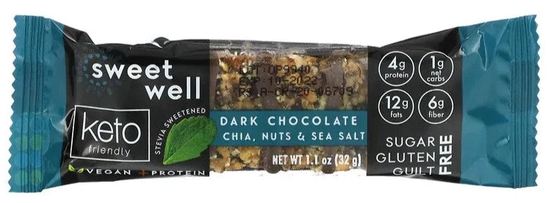 Sweetwell, Keto, Gluten Free, Sugar Free, Dark Chocolate, Chia, Nuts, Sea Salt Bar, 32g - Mom it KeTo Go
