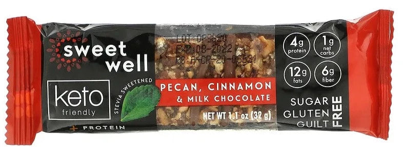 Sweetwell, Keto, Gluten Free, Sugar Free, Pecan, Cinnamon & Milk Chocolate Bar, 32g - Mom it KeTo Go