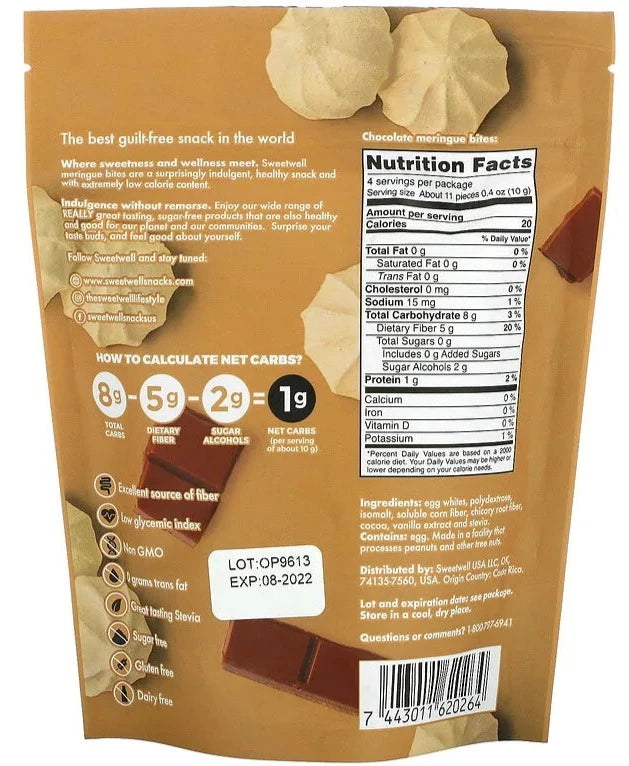 Sweetwell, Keto Bites, Sugar Free, Gluten Free, Chocolate Meringue, 40 g - Mom it KeTo Go