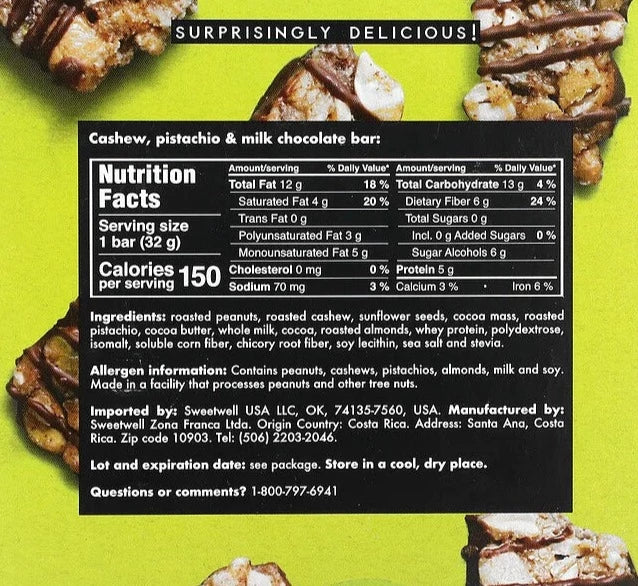Sweetwell, Keto, Gluten Free, Sugar Free, Cashew Pistachio & Milk Chocolate Bar, 32g - Mom it KeTo Go