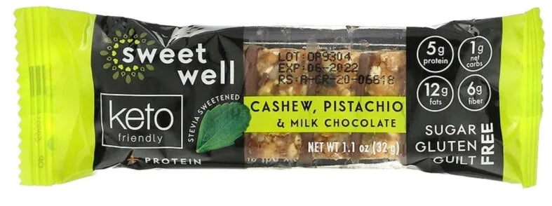 Sweetwell, Keto, Gluten Free, Sugar Free, Cashew Pistachio & Milk Chocolate Bar, 32g - Mom it KeTo Go