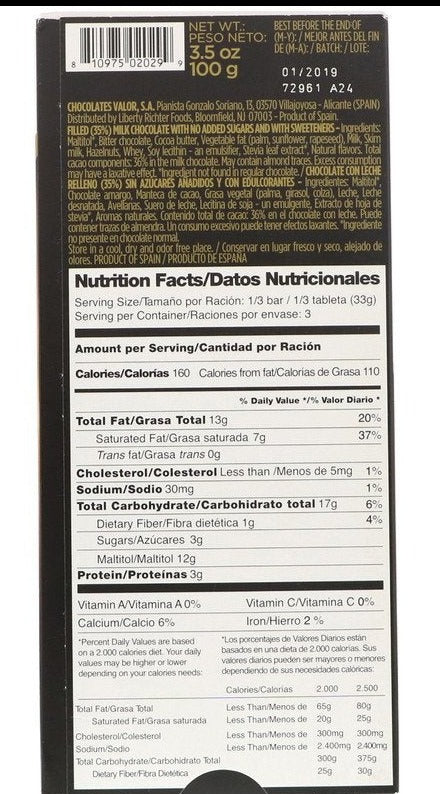 Valor, 0% Sugar Added, Creamy Milk Chocolate With Hazelnut, 100 g - Mom it KeTo Go