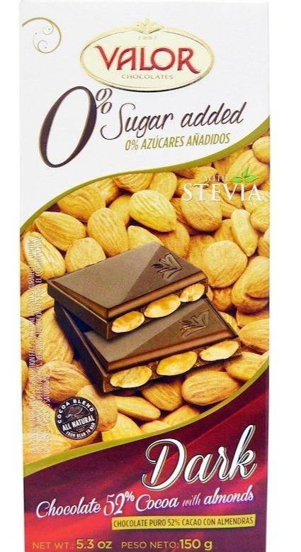 Valor, 0% Sugar Added, Dark Chocolate, 52% Cocoa with Almonds,150 g - Mom it KeTo Go