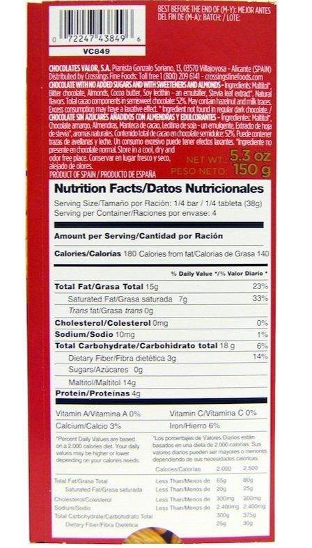 Valor, 0% Sugar Added, Dark Chocolate, 52% Cocoa with Almonds,150 g - Mom it KeTo Go