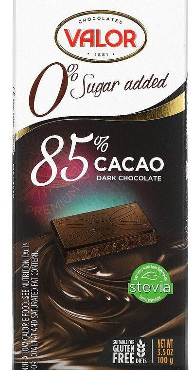 Valor, Dark Chocolate, 0% Sugar Added, 85% Cacao, 100 g - Mom it KeTo Go