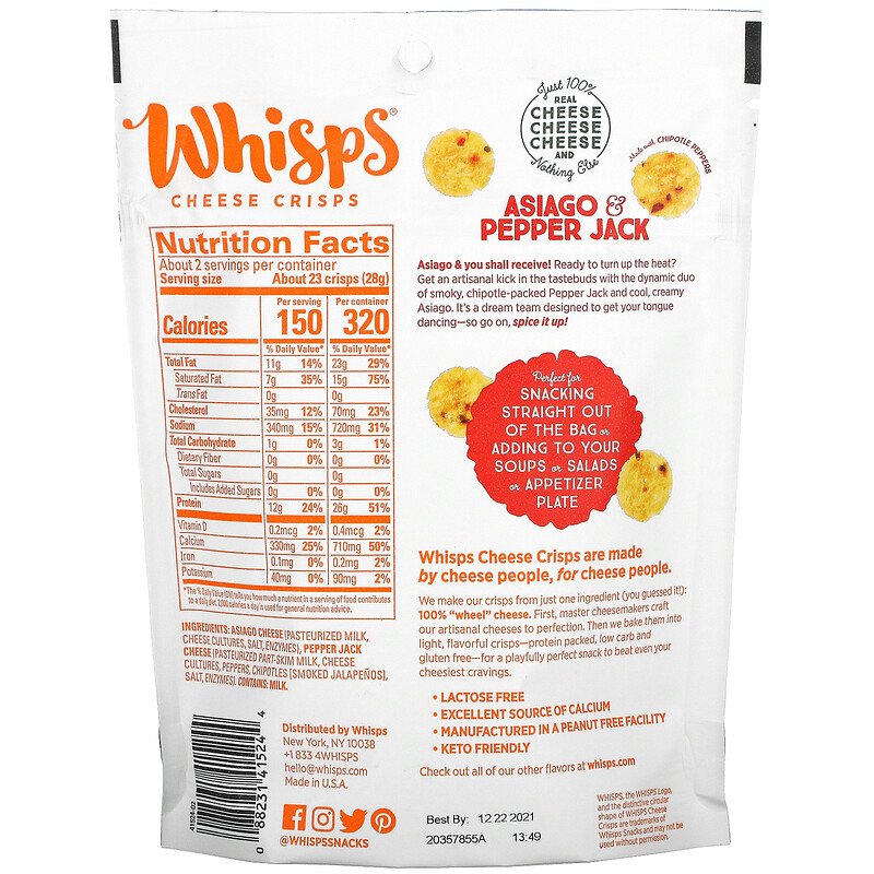 Whisps, Asiago & Pepper Jack Cheese Crisps, 60 g - Mom it KeTo Go