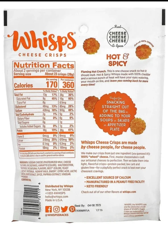 Whisps, Gluten Free, 0 Sugar, Cheese Crisps, Hot & Spicy, 60 g - Mom it KeTo Go