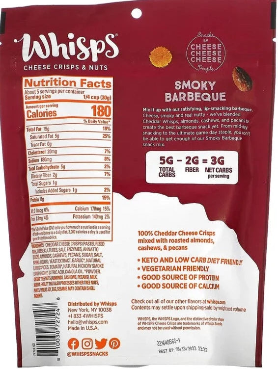 Whisps, Keto Cheese Crisps & Nuts, Smoky Barbecue Snack Mix, 163 g - Mom it KeTo Go