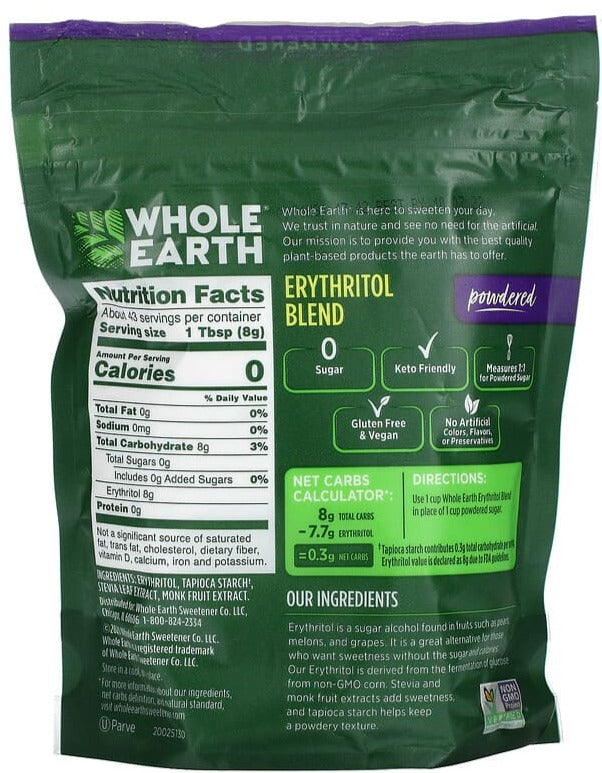 Whole Earth, Keto, Plant-Based Sugar Alternative, Erythritol Blend, Powdered, 340 g - Mom it KeTo Go
