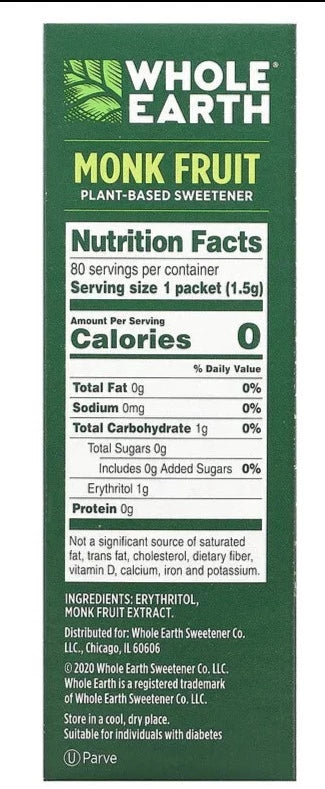 Whole Earth, Keto, Plant-Based Sugar Alternative, Monk Fruit, 80 Packets - Mom it KeTo Go
