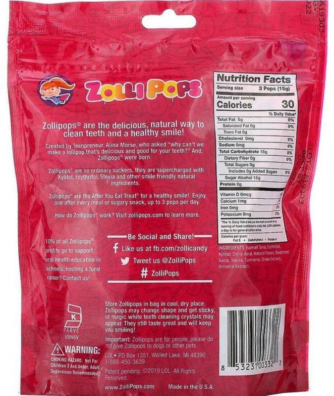 Zollipops, The Clean Teeth Pops, Sugar Free, KETO, Raspberry, 15 Pops 90g - Mom it KeTo Go