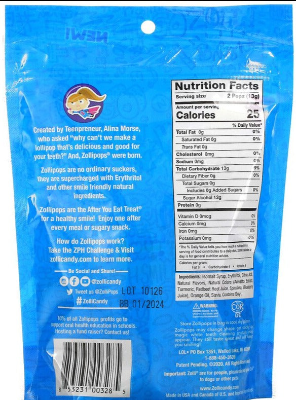 Zollipops, The Clean Teeth Pops, Strawberry, Orange, Raspberry, Cherry, Grape, Pineapple, 23-25 ZolliPops - Mom it KeTo Go