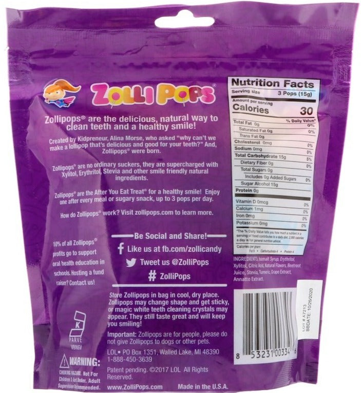 Zollipops, The Clean Teeth Pops, Sugar Free, KETO - Grape, 15 Pops, 90g - Mom it KeTo Go