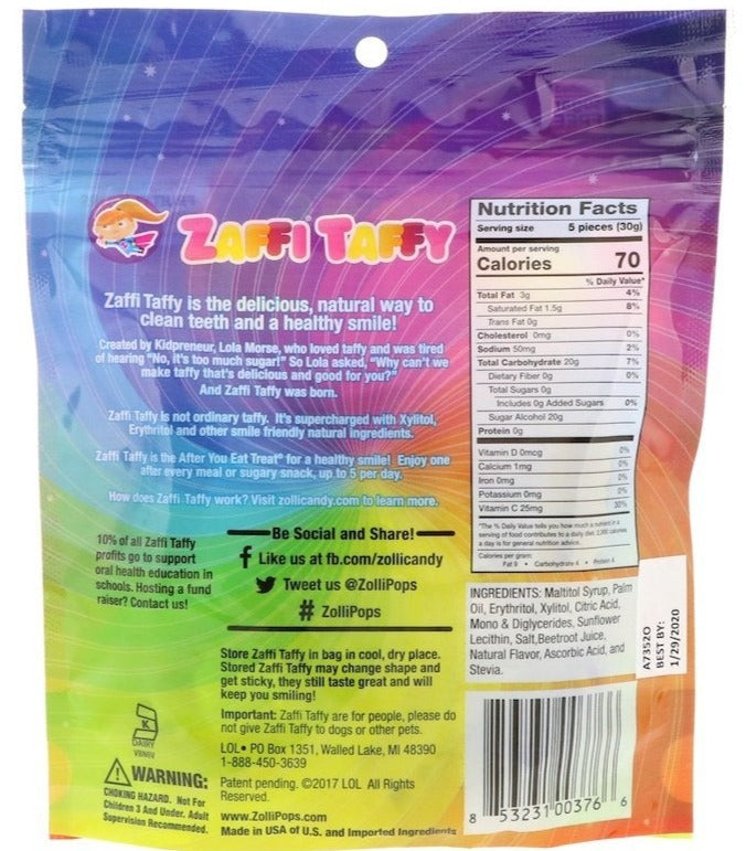 Zollipops, Zaffi Taffy, Clean Teeth Taffy, Delicious Fruit Flavors, 85g - Mom it KeTo Go