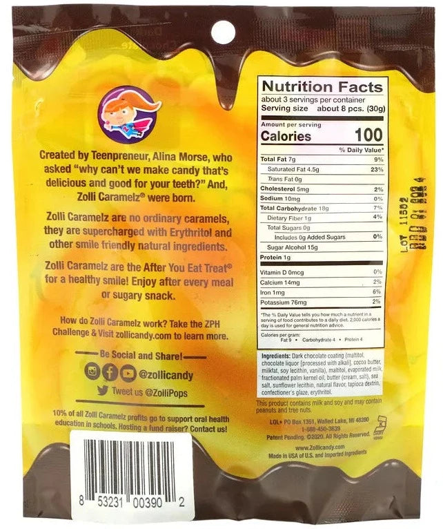 Zollipops, Sugar Free, Gluten Free, Zolli Caramelz, Dark Chocolate Candy, 85g - Mom it KeTo Go