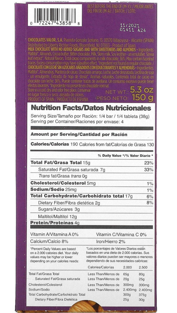 Valor, 0% Sugar Added, Milk Chocolate with Almonds, 150 g - Mom it KeTo Go