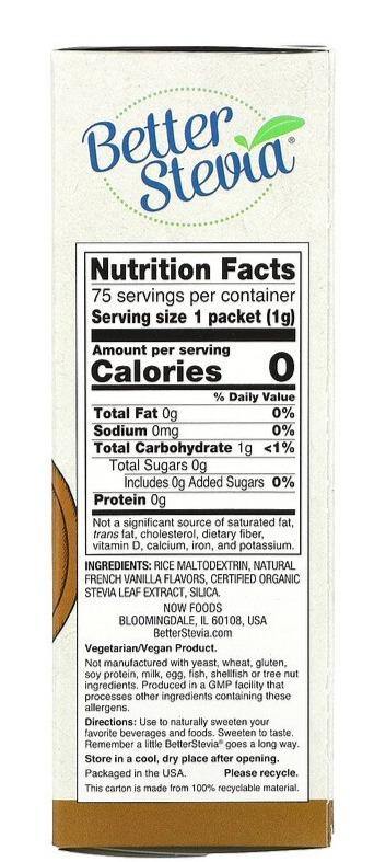 Now Foods, BetterStevia, Zero Calorie Sweetener, French Vanilla, 75 Packets, (1 g) Each - Mom it KeTo Go