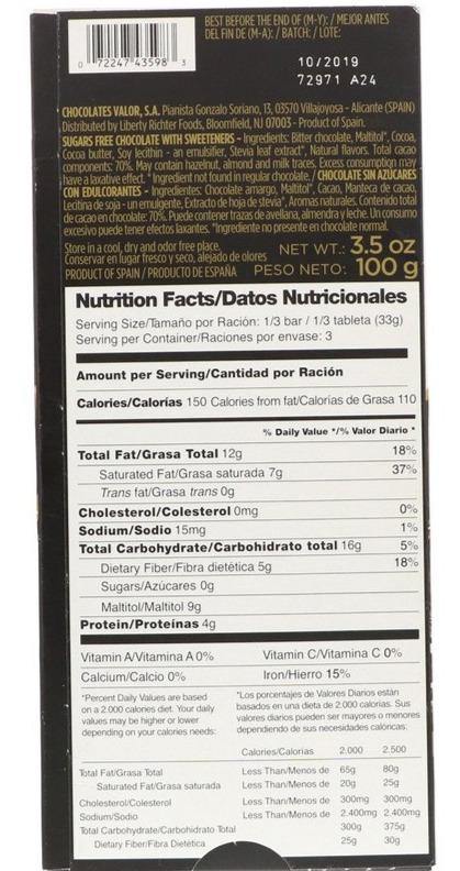 Valor, 0% Sugar Added, 70% Dark Chocolate, 100 g - Mom it KeTo Go