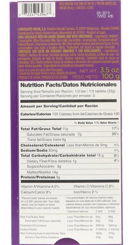 Valor, Milk Chocolate Bar with Stevia, 0% Sugar Added, 100 g - Mom it KeTo Go