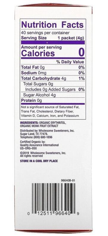 Wholesome, Organic Monk Fruit, 40 Individual Packets, 160 g - Mom it KeTo Go