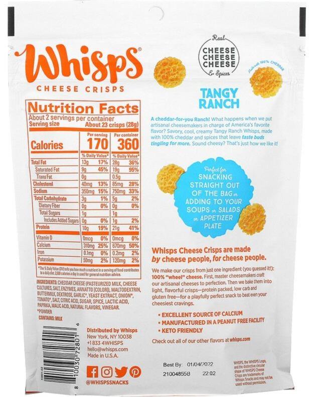 Whisps, Tangy Ranch Cheese Crisps, 60 g - Mom it KeTo Go