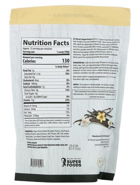 Dr. Murray's, Super Foods, 3 Seed Protein Powder, Vanilla, 453.5 g - Mom it KeTo Go